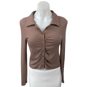 Abercrombie & Fitch Brown Ribbed Knit Collared Button Up Ruched Shirt Top Size S